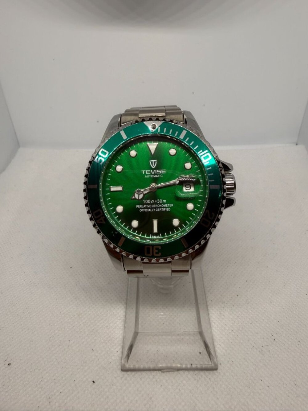 Tevise T801 Men's 43mm Green Dial Automatic Submariner Homage Silver Watch